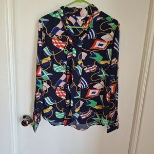 Navy Multi-Flag Print Button-Down Blouse - Women